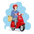 Delivery man riding a red scooter with parcel. Vector illustration