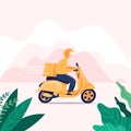 Delivery man riding a scooter. Man courier riding scooter with parcel box fast delivery concept. Royalty Free Stock Photo