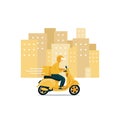 Delivery man riding a scooter. Man courier riding scooter with parcel box fast delivery concept. Royalty Free Stock Photo