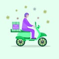 Delivery man riding scooter. Motorcycle courier wearing medical mask and gloves. Royalty Free Stock Photo