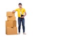 Delivery man service with box shipping in yellow uniform