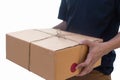 Delivery man service sent a package box. isolated white background