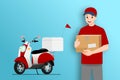 Delivery man stand and holding a goods parcel in front of a delivery motorbike that going to fast express, deliver food or product