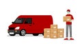 Delivery man stand and holding a goods parcel in front of a delivery van and ready for going to fast express deliver food or produ
