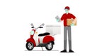 Delivery Man stand and holding a smart tablet & goods or parcel in front of a motorbike and ready for going to fast express delive