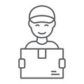 Delivery man thin line icon, courier and delivery, man holding box sign vector graphics, a linear icon on a white Royalty Free Stock Photo