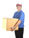 Delivery man toothy smiling face and holding paper box container Royalty Free Stock Photo