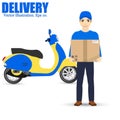 Delivery man and track. Service fast delivery. Delivery scooter. isolated on background. Vector illustration. Royalty Free Stock Photo