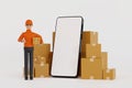 Delivery man in uniform smiling holding parcel box and give thumb up, shipment service concept, 3D rendering Royalty Free Stock Photo