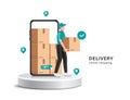 Delivery man in uniform standing front smartphone and on round podium and is holding parcel boxes waiting to be delivered to