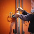 Delivery Man Using A Door Lock Security Seal. Safety Protect Cargo Transport. Shipping Cargo Container Truck Royalty Free Stock Photo