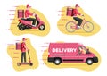 Delivery man on van, scooter, motorbike, bicycle. Royalty Free Stock Photo