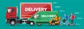 Delivery man on van truck, scooter, bicycle Royalty Free Stock Photo