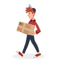 Delivery man walks and holding cardboard parcel box. Fast Delivery service by courier concept. Vector cartoon character Royalty Free Stock Photo