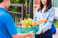 Delivery man wear face mask grocery fast service giving fresh food vegetable to woman customer Royalty Free Stock Photo