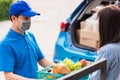 Delivery man wear face mask grocery fast service giving fresh food vegetable to woman customer Royalty Free Stock Photo