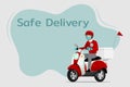 Delivery man wear a mask and glove, going to deliver parcel, food, product to customer on a motor bike with a ready meal, technolo Royalty Free Stock Photo