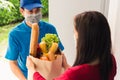 Delivery man wear protective face mask making grocery giving fresh food to woman customer Royalty Free Stock Photo