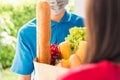 Delivery man wear protective face mask making grocery giving fresh food to woman customer Royalty Free Stock Photo