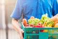 Delivery man wearing face mask protect he delivering fresh food vegetable in plastic box