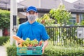 Delivery man wearing face mask protect he delivering fresh food vegetable in plastic box