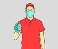 Delivery Man Wearing Medical Mask and Gloves Holding Hands Sanitizer.