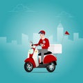 The delivery man who wear a cap riding a scooter, motorcycle, to send the goods from the shipping company to deliver to the custom