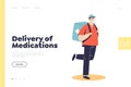 Delivery of medications landing page concept with courier man delivering drugs from drugstore