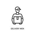 Delivery men line flat icon. Vector illustration a man in a cap holds a box in his hands. Postman. Express delivery to