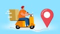 Delivery moto scooter driver to deliver goods. Courier on scooter delivering package. Vector illustration Royalty Free Stock Photo