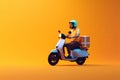 delivery motorbike or scooter driver with courier box on back, wide frame with copyspace area.Generative AI