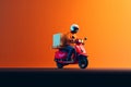 delivery motorbike or scooter driver with courier box on back, wide frame with copyspace area.Generative AI