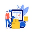 Delivery online services concept with smartphone, parcel box, pin, courier and scooter during covid-19. Modern vector illustration Royalty Free Stock Photo