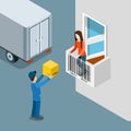 Delivery package home door box deliveryman customer flat vector Royalty Free Stock Photo