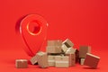 delivery of parcels to the points of the GPS. map pointer and boxes with parcels on a red background. 3D render