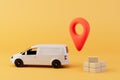 delivery of parcels to the specified address. a truck next to which the parcel and the point of the GPS. 3D render Royalty Free Stock Photo