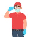 Delivery person or courier in mask and gloves looking through magnifying glass. Man holding magnifier or lens. Male character