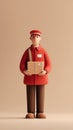 Delivery person holding package with neutral expression wearing red uniform and cap on beige background Royalty Free Stock Photo