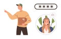 Delivery person with package and customer support in headset, password security concept illustrated Royalty Free Stock Photo