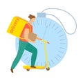 Delivery person riding a scooter with a yellow bag, rushing against a giant clock background. Speedy courier service, on Royalty Free Stock Photo