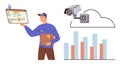 Delivery person tracks parcel on digital map with cloud storage, camera surveillance, and data analytics Royalty Free Stock Photo