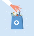 Delivery pharmacy service. Human hand holding paper bag with drugs and pills. Online medicine concept. Vector Royalty Free Stock Photo