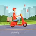 Delivery pizza background. Fresh food fast delivery man red motorcycle perfect business service urban landscape. Vector Royalty Free Stock Photo