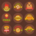 Delivery pizza logo badge pizzeria restaurant service fast food vector illustration. Royalty Free Stock Photo