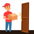 Delivery pizza man boy vector service workers and clients couriers delivering man characters shop mailmen bringing Royalty Free Stock Photo