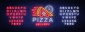 Delivery pizza neon sign. Logo in neon style, light banner, luminous symbol, bright night neon advertising food delivery