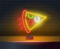 Delivery pizza neon sign. Logo in neon style. Vector neon pizza slice icon. Line street food sign illustration. Glowing pizzeria
