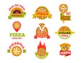 Delivery pizza vector logo badge pizzeria restaurant service fast food illustration.