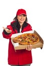 Delivery pizza woman with open hand Royalty Free Stock Photo