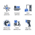 Delivery point, Conveyor belt, Door delivery, World wide delivery, Home delivery, Bar code reader, icon Royalty Free Stock Photo